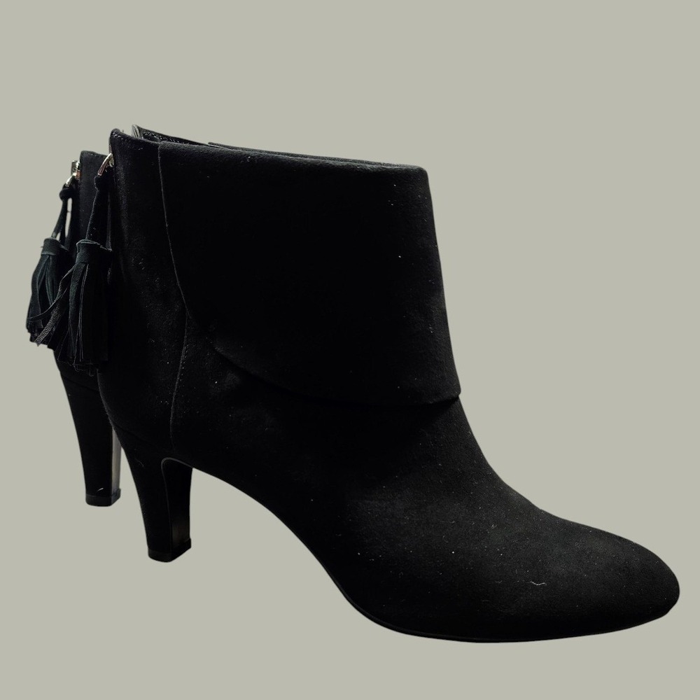 Bandolino Black Suede Tassel Zip Ankle Booties Boots Block Heel Womens Sz 8.5M